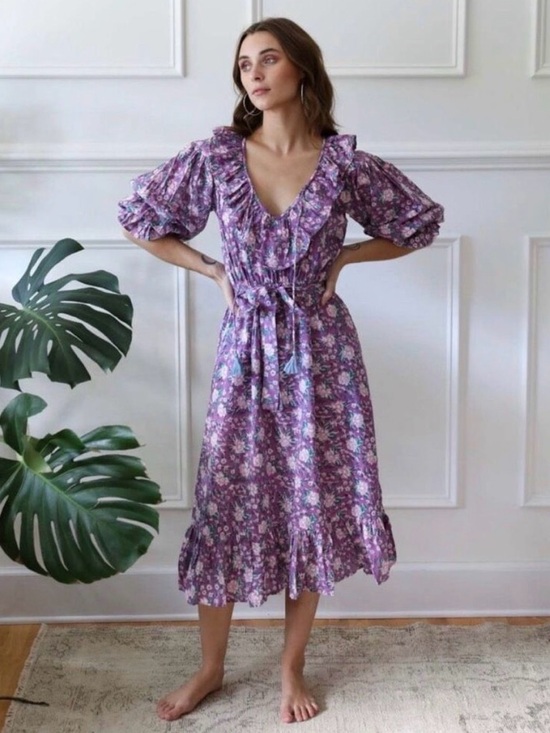 Mille Dresses & Skirts - Mille Astrid Floral Cotton Purple Rose Midi Dress Ruffle Boho Size Large